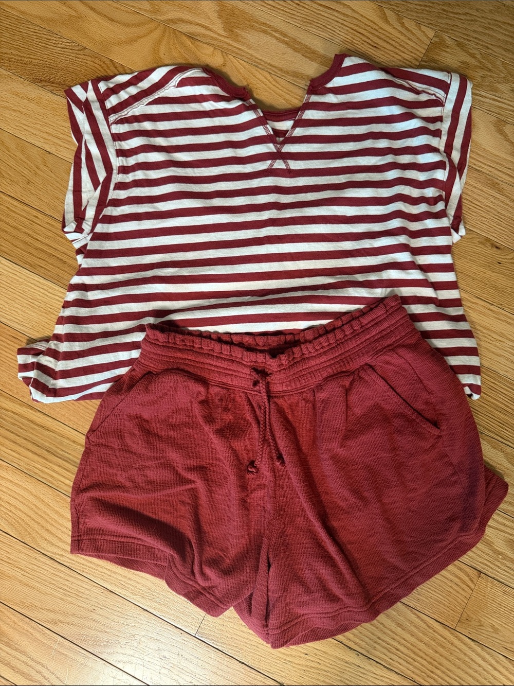 Aerie Muscle T’shirt and Shorts!Striped Red & White Tee with Wine Red. Size M
